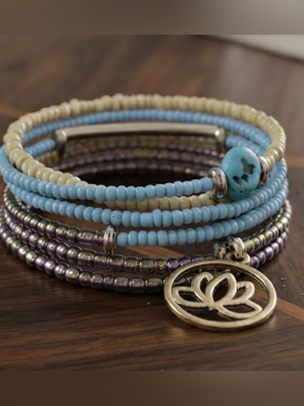 Artisan Lotus Charm Wrap Bracelet - Blue, Cream, Purple, Turquoise